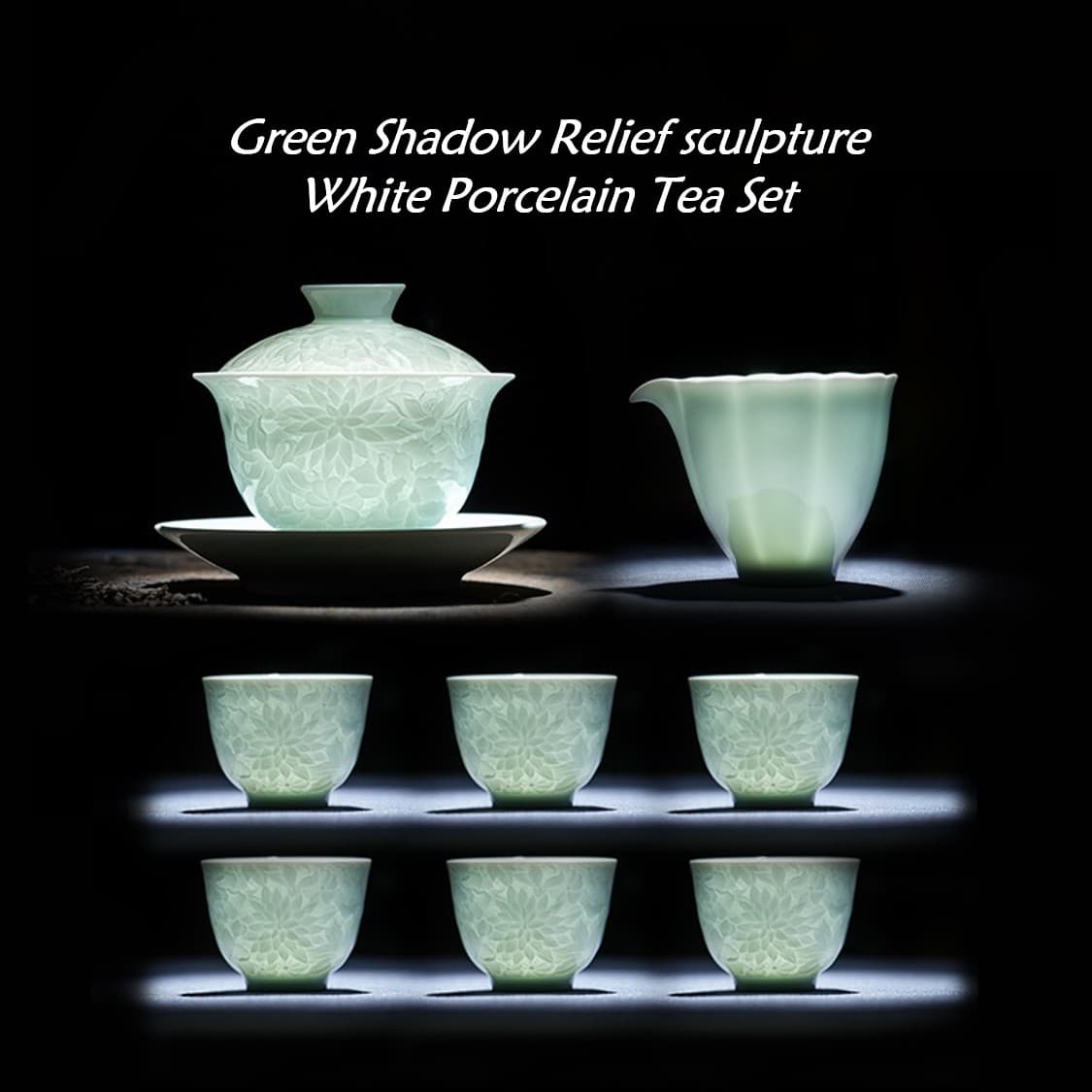 【Tea set】Green Shadow Relief sculpture White Porcelain Tea Set