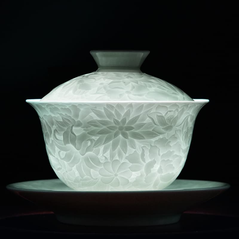 【Tea set】Green Shadow Relief sculpture White Porcelain Tea Set