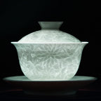 【Tea set】Green Shadow Relief sculpture White Porcelain Tea Set