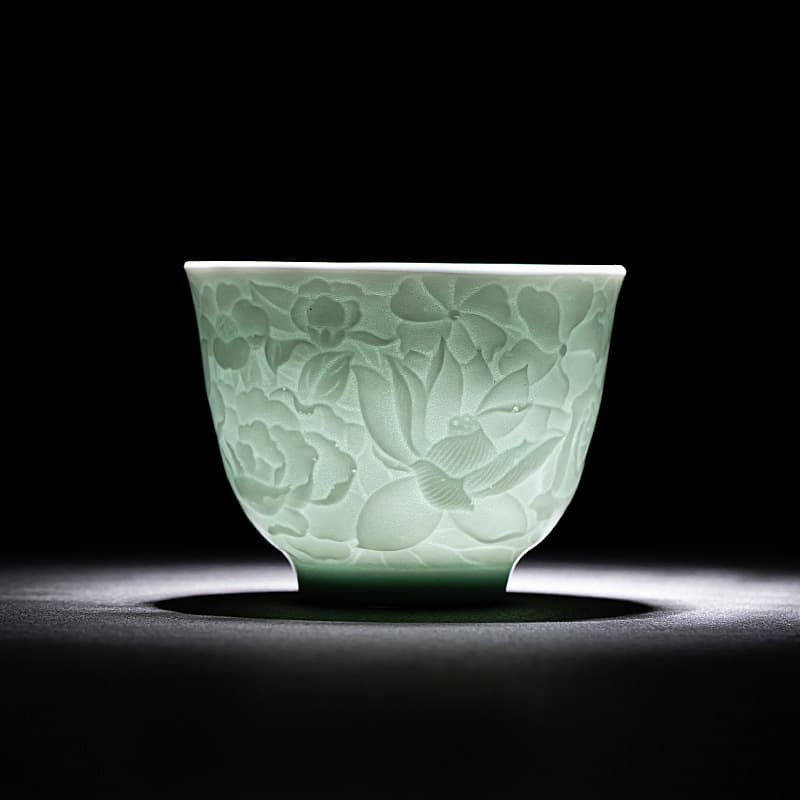 【Tea set】Green Shadow Relief sculpture White Porcelain Tea Set
