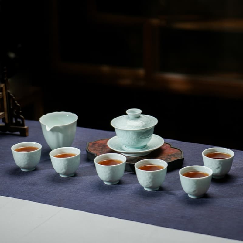 【Tea set】Green Shadow Relief sculpture White Porcelain Tea Set