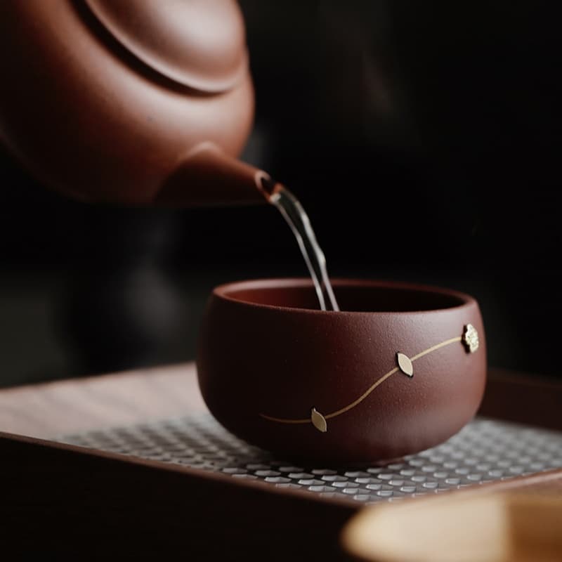 【Tea cup】Purple Clay Five Blessings Cup with Metal Inlays