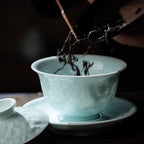 【Tea set】Green Shadow Relief sculpture White Porcelain Tea Set