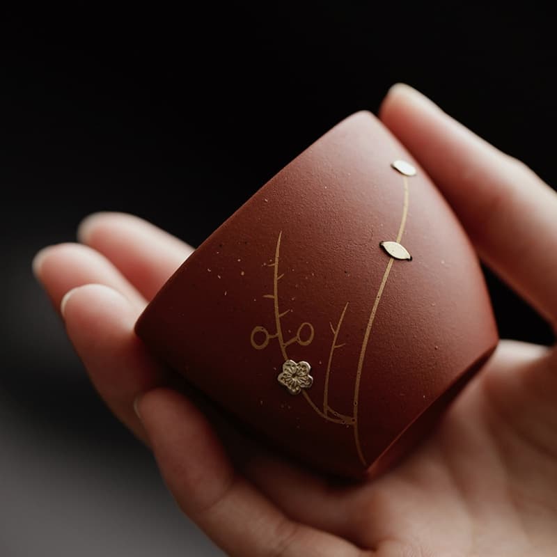 【Tea cup】Purple Clay Five Blessings Cup with Metal Inlays