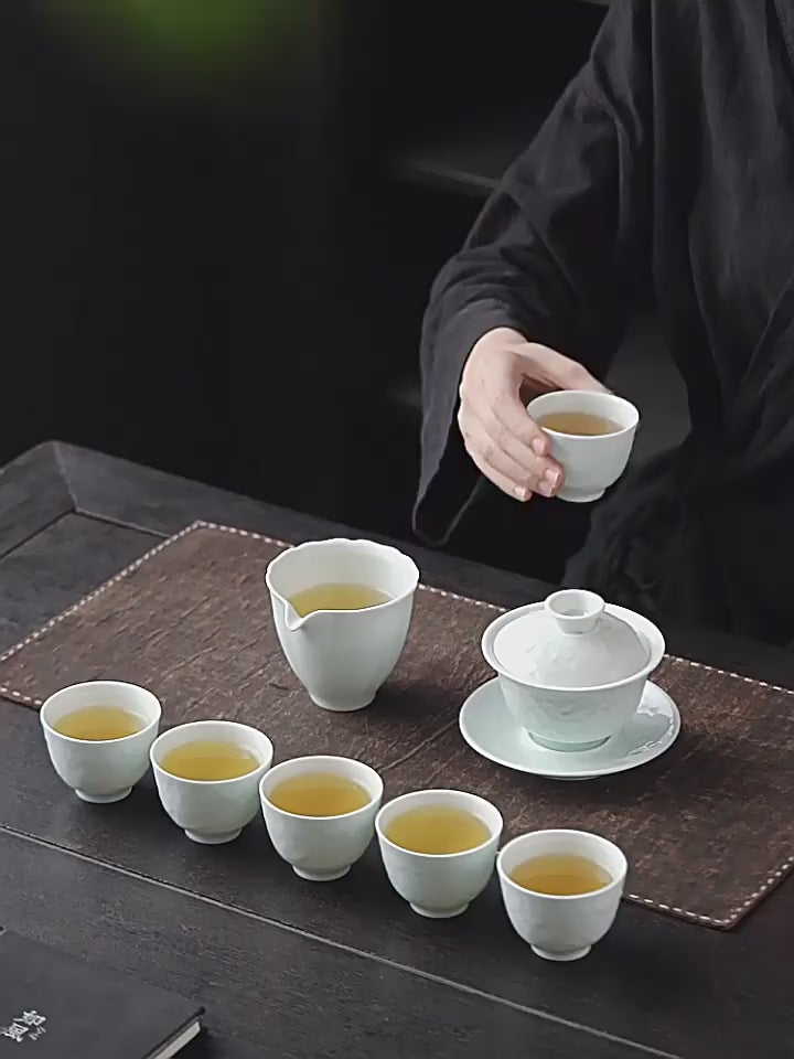 【Tea set】Green Shadow Relief sculpture White Porcelain Tea Set